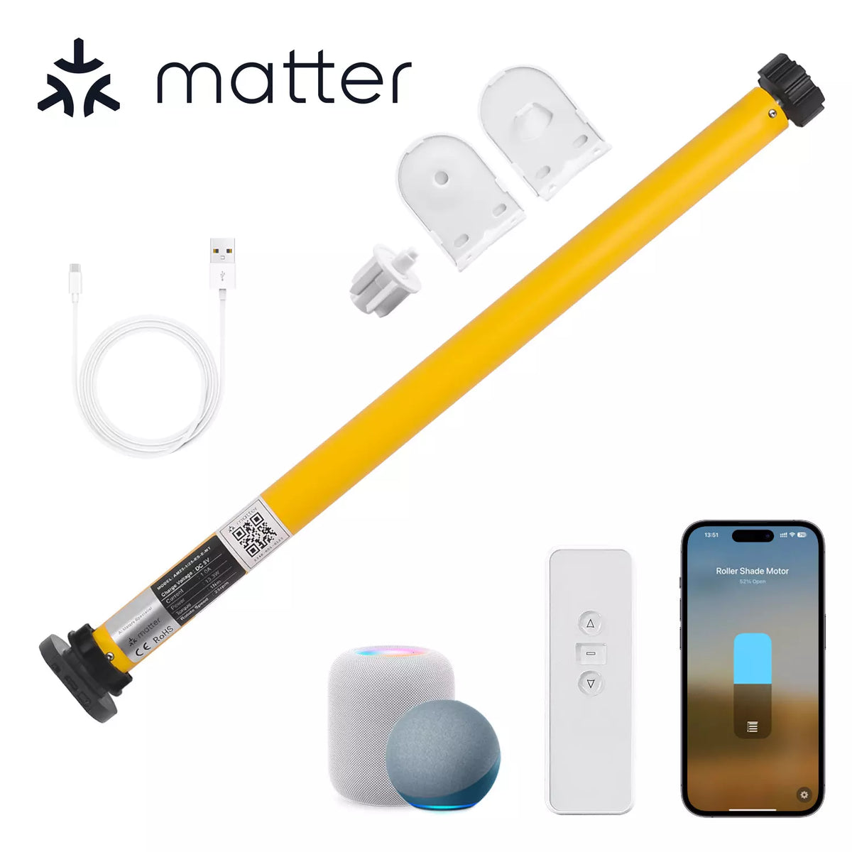 Matter Motorized Blinds Motor For HomeKit Roller Blinds，Fit 1.5"(38mm) Shade Tube，Rechargeable, Remote Control, Voice Control