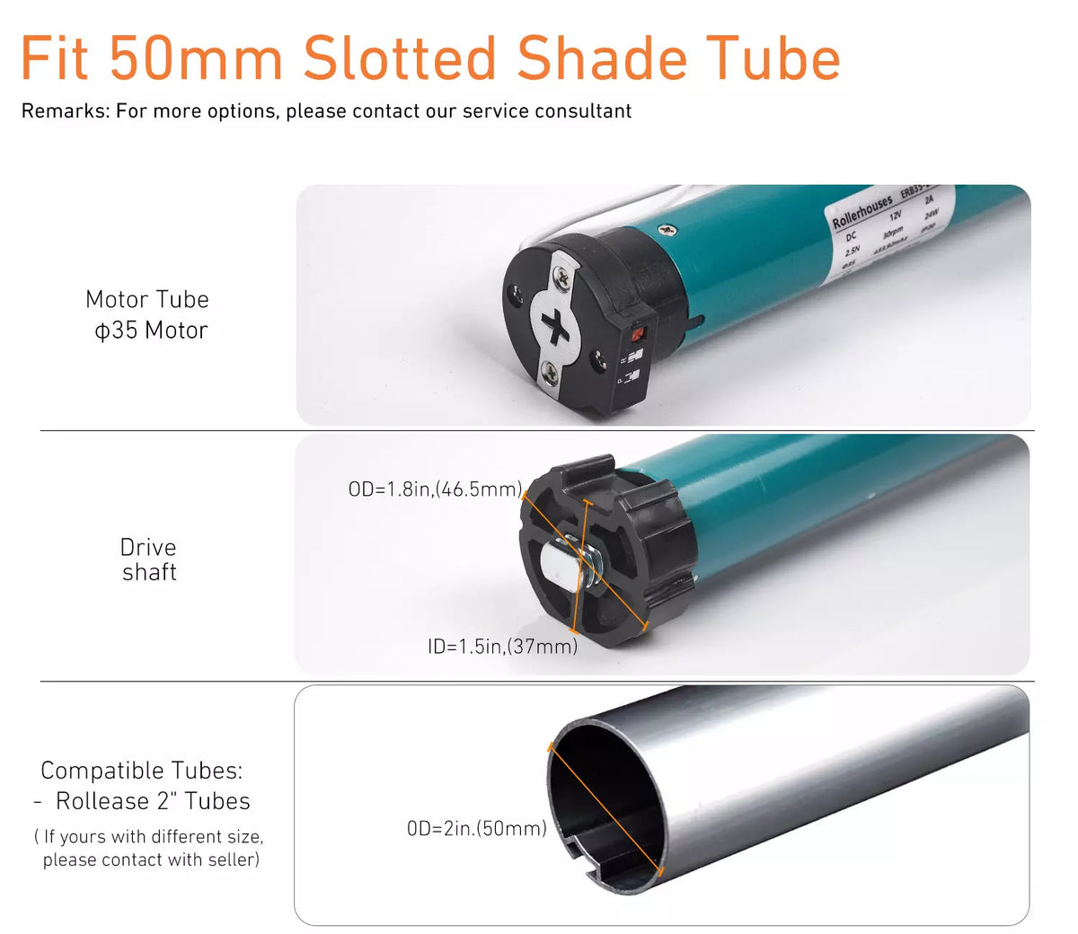 Rollerhouses ERB35 | 2"(50mm) Rechargeable Roller Shade Motor Kit,Remote control