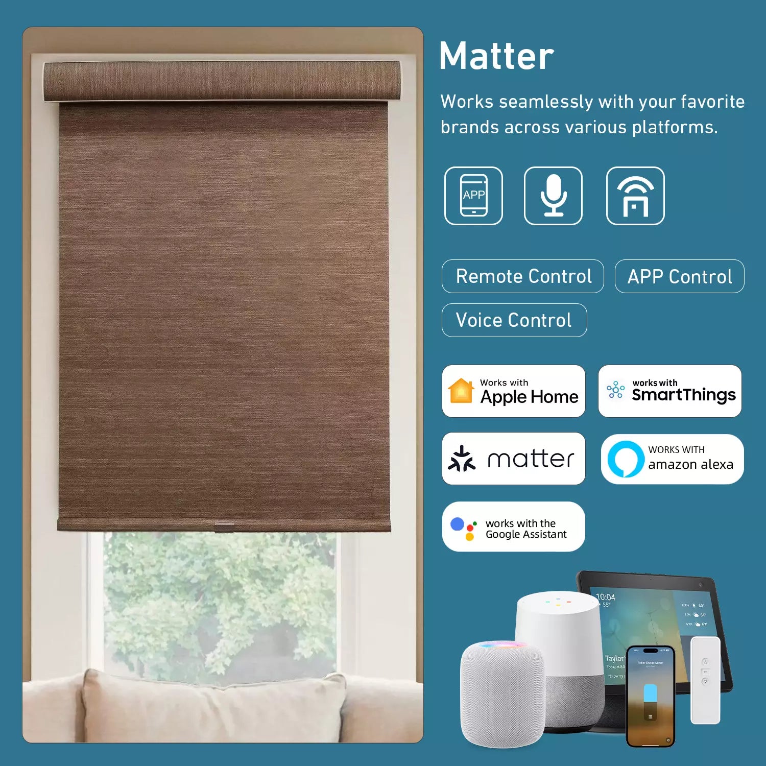 Matter Motorized Blinds Motor For HomeKit Roller Blinds，Fit 1.5"(38mm) Shade Tube，Rechargeable, Remote Control, Voice Control