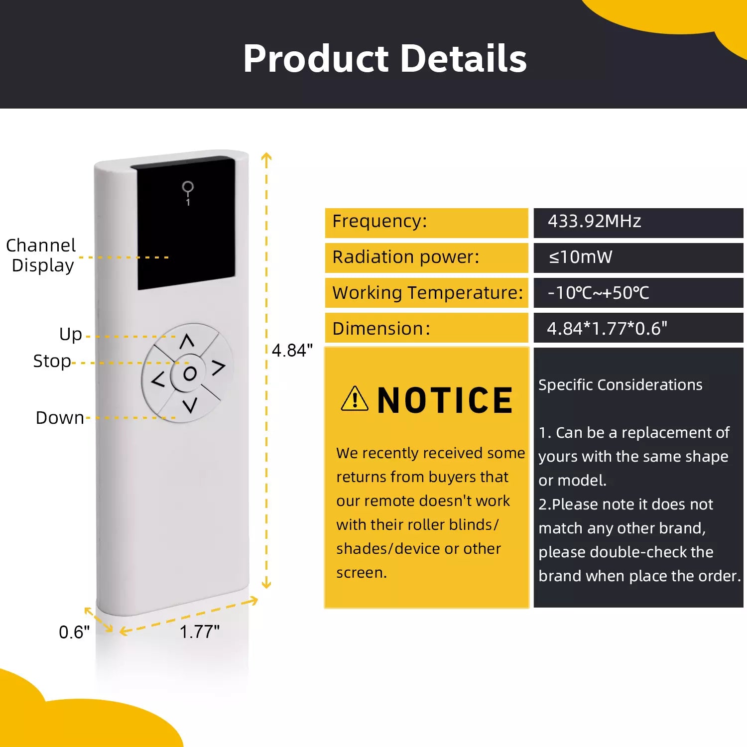 AC114-01 RF 433.92 Wireless Control, 1 Channel Blinds Controller for Motorized Roller Shades and Blinds