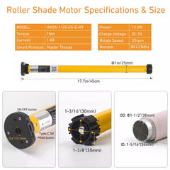 Matter Motorized Blinds Motor For HomeKit Roller Blinds，Fit 1.5"(38mm) Shade Tube，Rechargeable, Remote Control, Voice Control