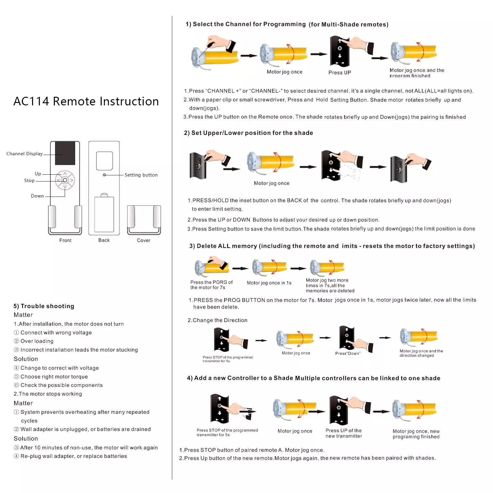 AC114-01 RF 433.92 Wireless Control, 1 Channel Blinds Controller for Motorized Roller Shades and Blinds